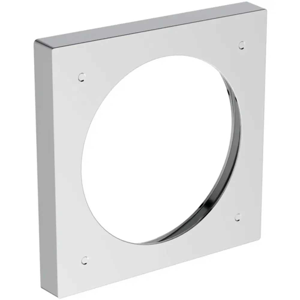 Chromfarbener Distanzrahmen mit quadratischer Form und kreisförmiger Öffnung, möglicherweise für die Montage einer Easy-Box von Ideal Standard geeignet.